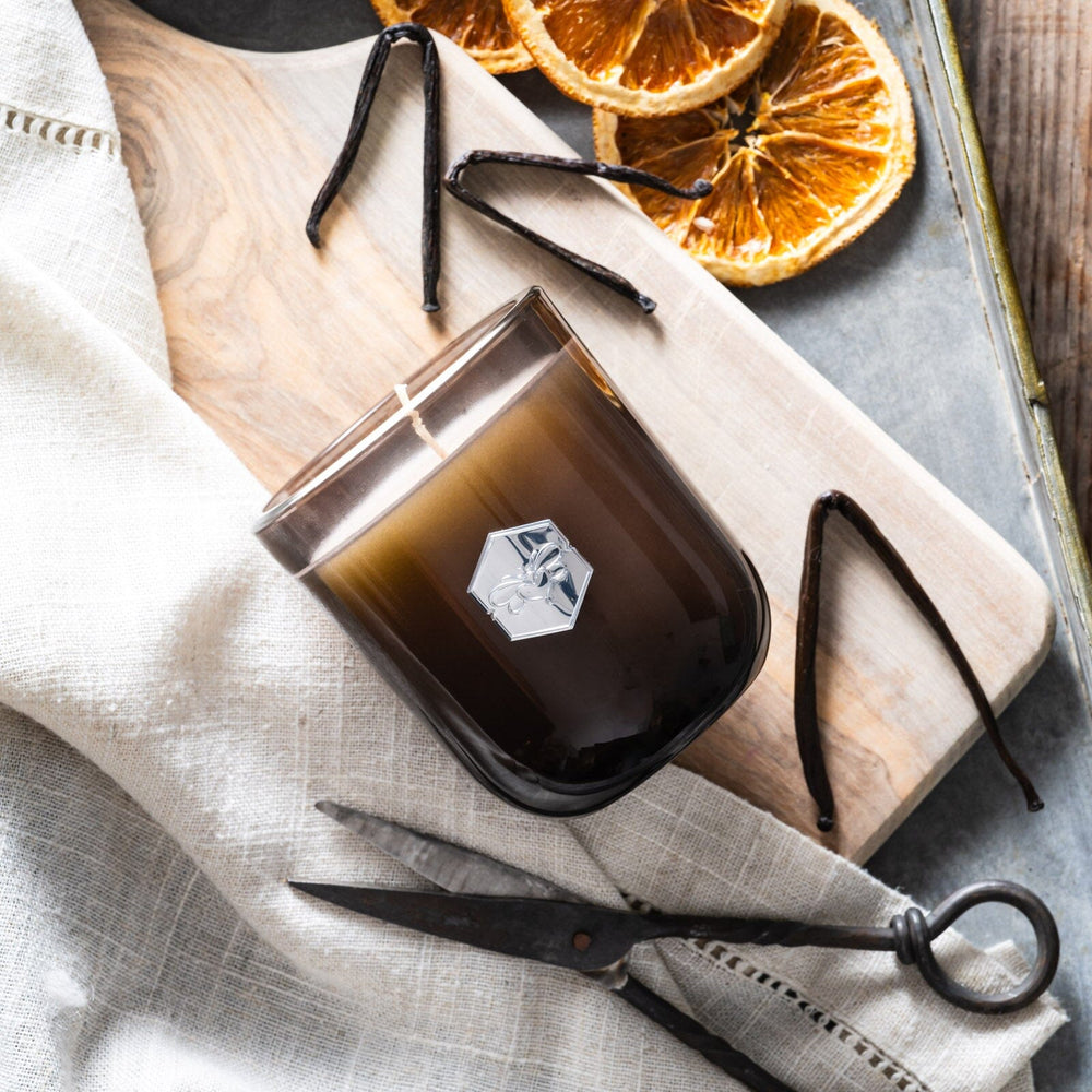 Vanilla + Citrus Luxe Candle with ingredients