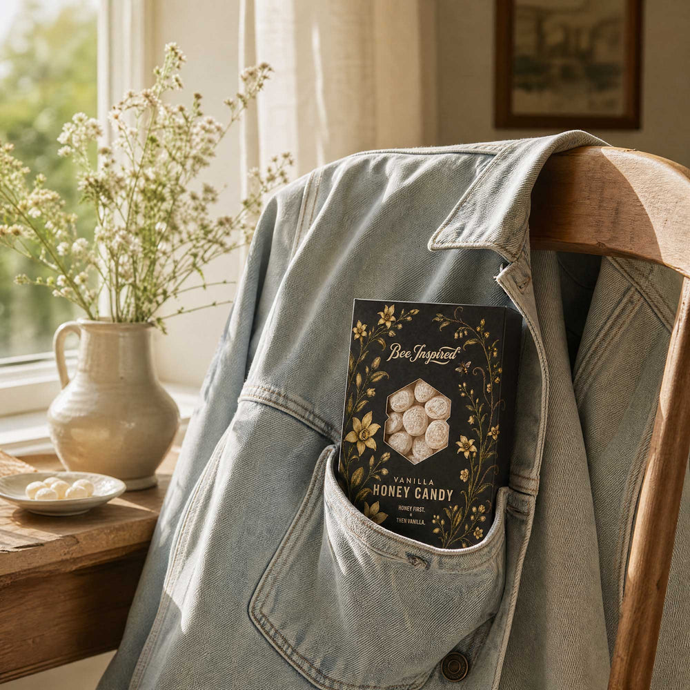 A light blue denim jacket draped over a wooden chair in a sunlit room, with a black floral box of Bee Inspired's Vanilla Honey Candy tucked into the pocket. A ceramic vase with dried flowers and a small dish of white candies sit on the windowsill nearby.