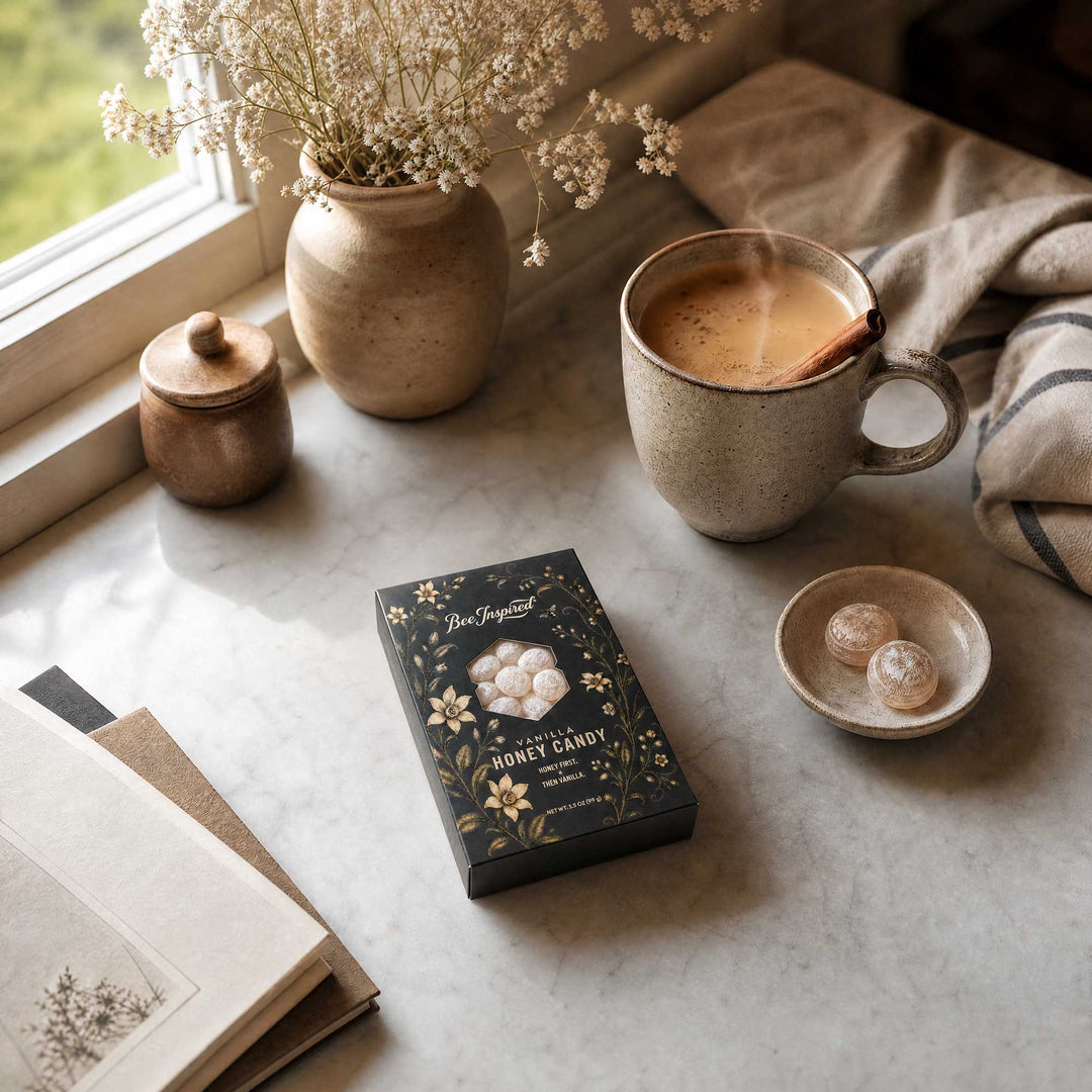 A styled tabletop scene with Bee Inspired vanilla honey candy product placed on a light stone surface beside a mug of coffee, dried flowers in a vase, a small jar, and an open book. 