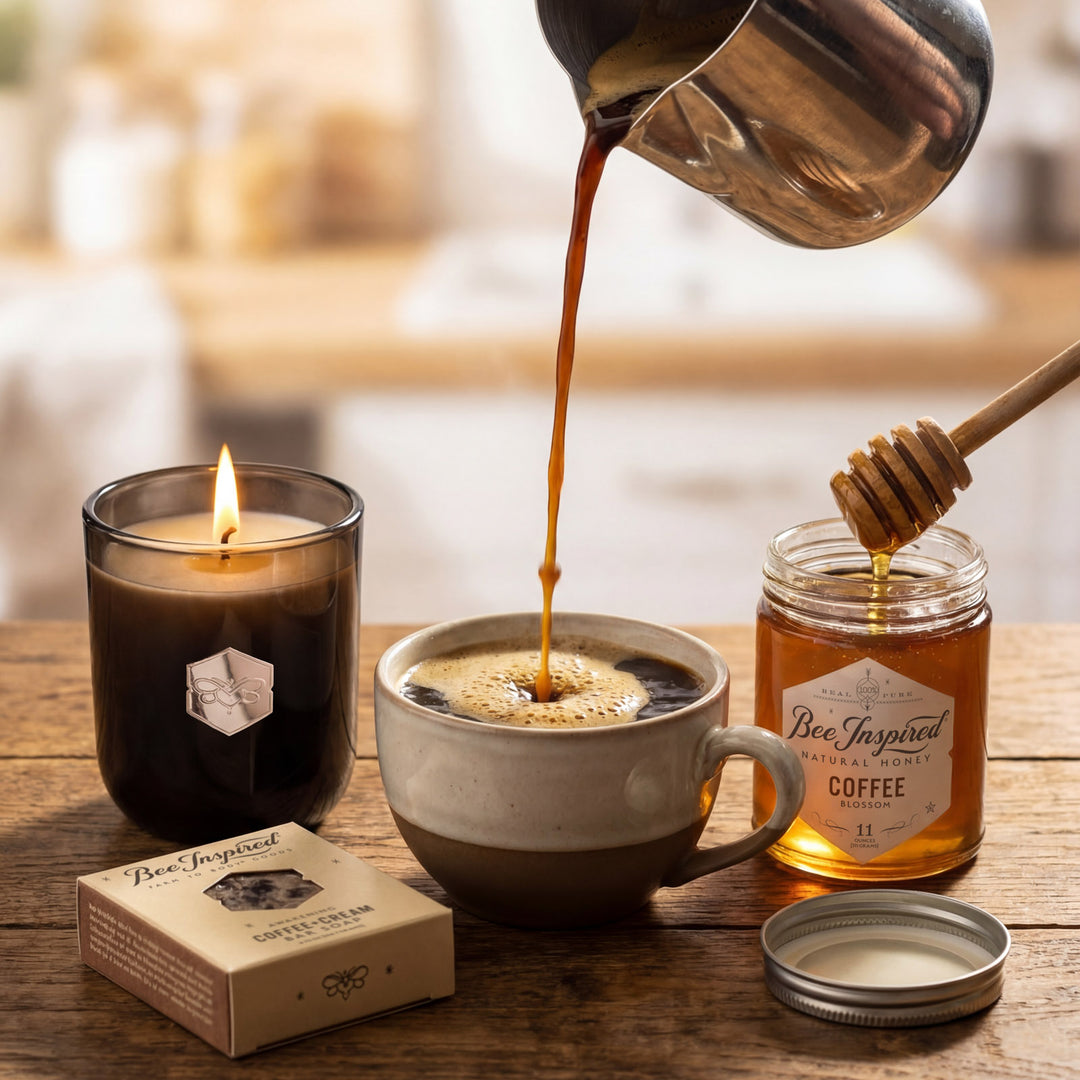 Coffee being poured into a cup with a lit candle and jar of honey on a wooden surface.