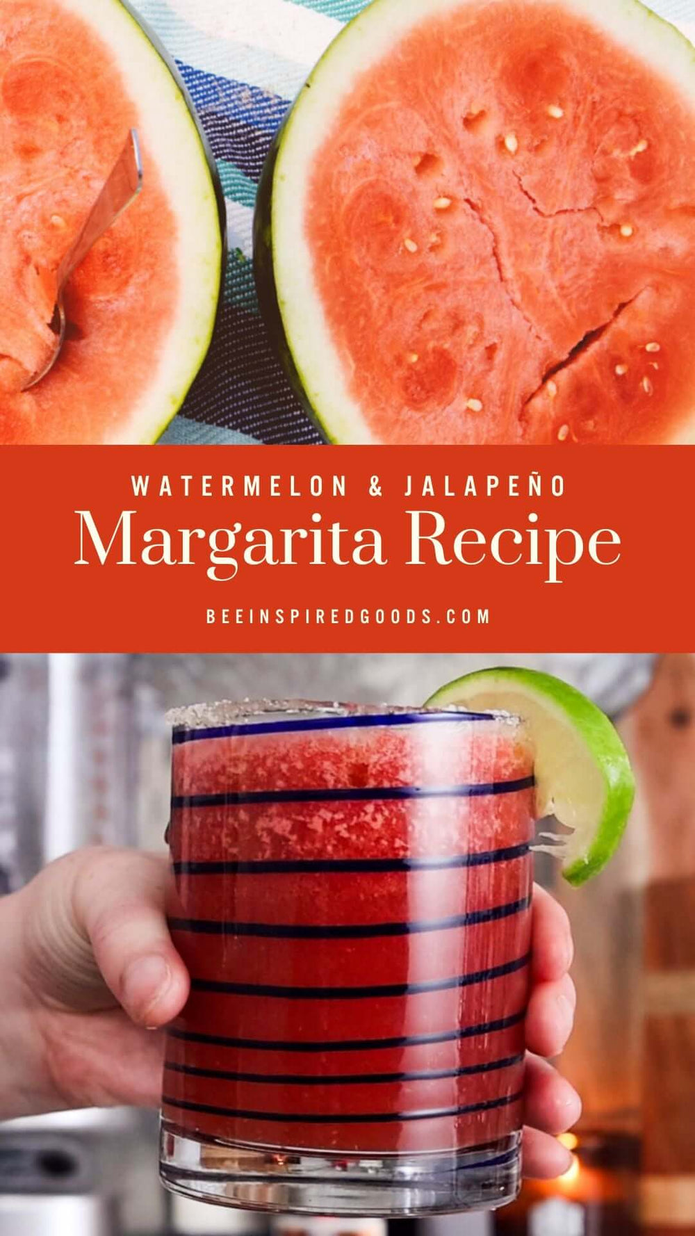 "Watermelon & jalapeno margarita recipe" with watermelon and a glass of margarita 