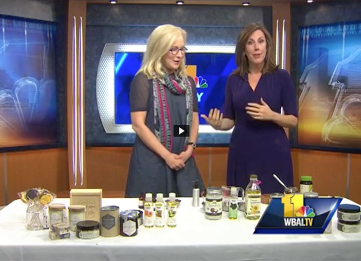 Image of WBALTV interview with Kara and display of Bee Inspired products 