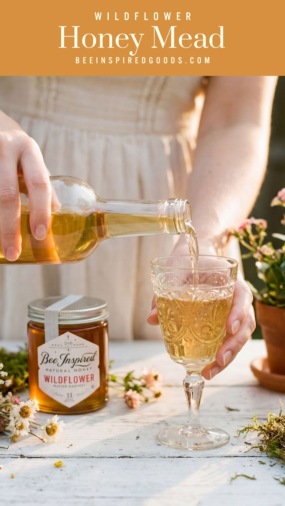 Woman pouring a glass of Wildflower Honey Mead