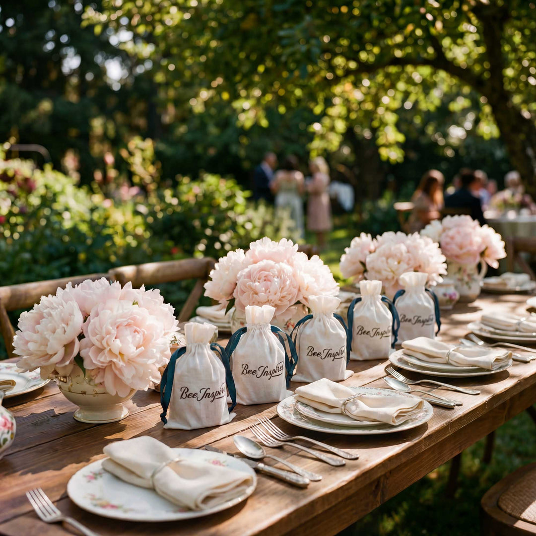 Decorated outdoor table with floral arrangements and bottles labeled 'Bee Happy' in a garden setting.