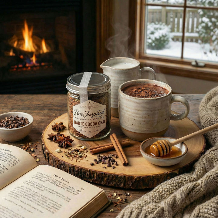 Haute Cocoa Chai Tea setup with a jar of 'Bee Inspired' tea, mug, honey, warm milk and book by a fireplace.
