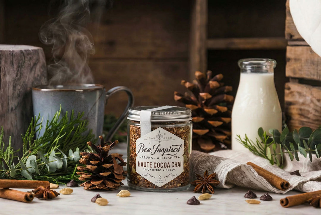 Jar of 'Bee Inspired' haute cocoa chai with a steaming mug, pinecones, and cinnamon sticks on a rustic wooden background.