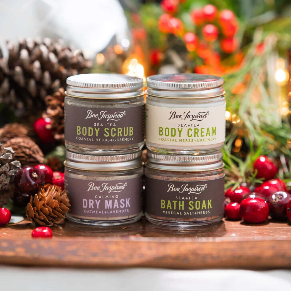 Petite Winter Respite collection in front of holiday decor 