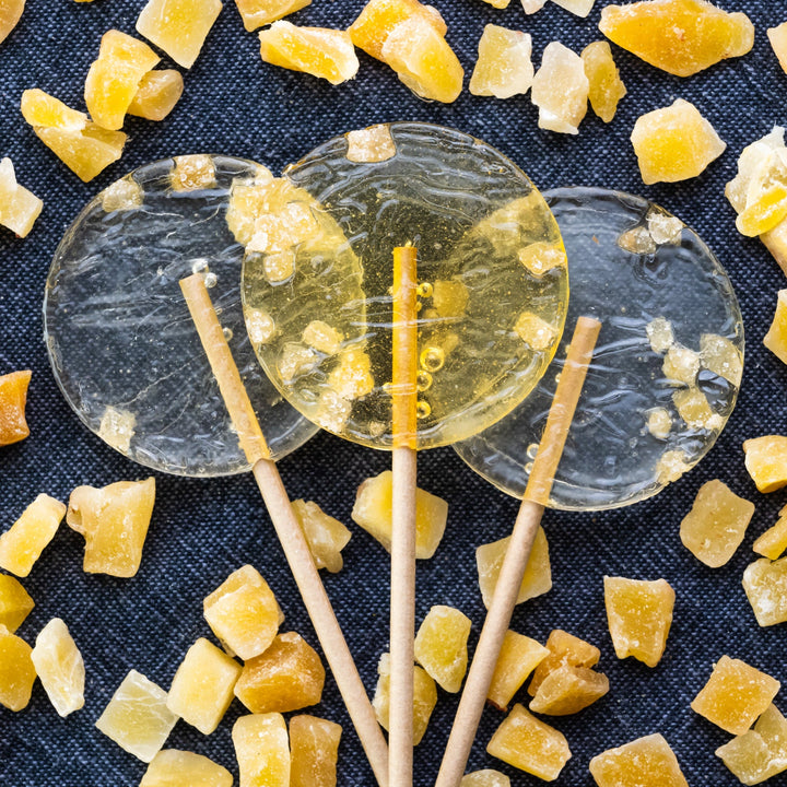 Ginger Honey Lollipops with candied ginger