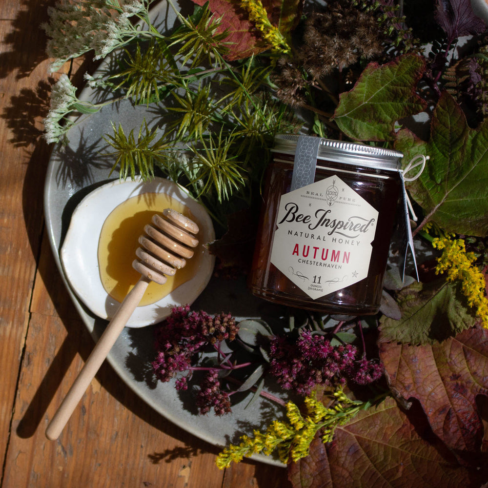 Autumn Honey with honey dipper and fall leaves